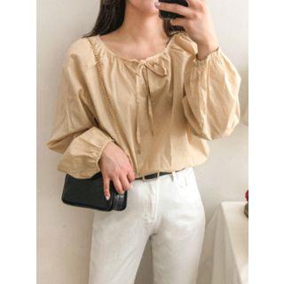 Tie-neck Shirred Cotton Blouse