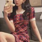 Short-sleeve Plaid Mini Knit Dress