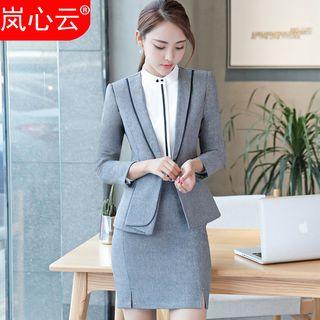 Contrast Trim Blazer / Set: Blazer + Dress Pants / + Pencil Skirt / + Stand Collar Long-sleeve Shirt