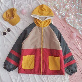 Color Block Zip-up Hooded Jacket Almond & Red & Gray - One Size