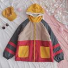 Color Block Zip-up Hooded Jacket Almond & Red & Gray - One Size