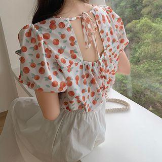 Orange Print Puff-sleeve Top Tangerine - One Size