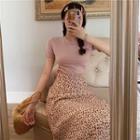 Short-sleeve Plain Knit Top / Floral Chiffon Midi Skirt