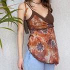 V-neck Floral Print Mesh Panel Ruffled-trim Camisole Top