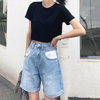 Roll Up Washed Denim Shorts