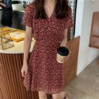 Short-sleeve Patterned A-line Chiffon Dress Red - One Size