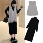 Knit Vest / Long-sleeve Midi Knit Dress / Set