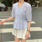 Short-sleeve Plaid Ruffled Blouse As Shown In Figure - One Size