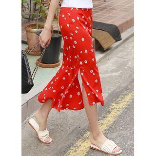 Slit Ruffled Long Floral Skirt