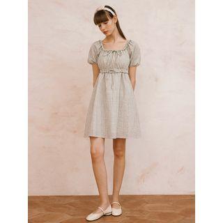 Tie-neck Lace-trim Plaid Minidress Green - One Size