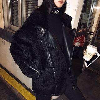Faux Pearl Panel Fleece Biker Jacket