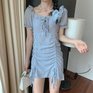Short-sleeve Frill Trim Chiffon A-line Mini Dress