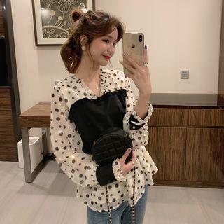 Long-sleeve Dotted Chiffon Blouse Black - One Size