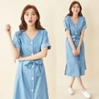 Short-sleeve Midi A-line Dress Light Blue - One Size