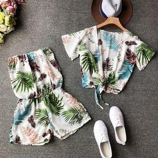 Set: Leaf Print Strapless Playsuit + Short-sleeve Open Front Jacket
