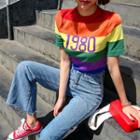 Lettering Glitter Rainbow-stripe Knit Top