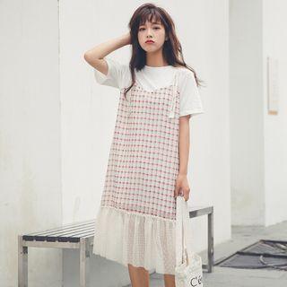 Mock Two-piece Short-sleeve Plaid Midi Dress