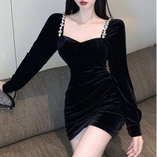 Long-sleeve Embellished Sheath Velvet Dress
