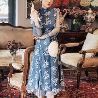 Long-sleeve Floral Qipao Dress