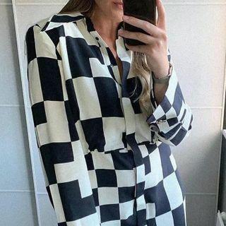 Long-sleeve Checkered Mini Shirtdress
