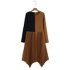 Long-sleeve Two-tone Accordion Pleated Midi A-line Dress
