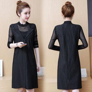 Mock Two-piece Long-sleeve Pinstriped A-line Dress