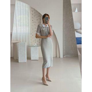 Set: Contrast-trim Tweed Cardigan + H-line Skirt