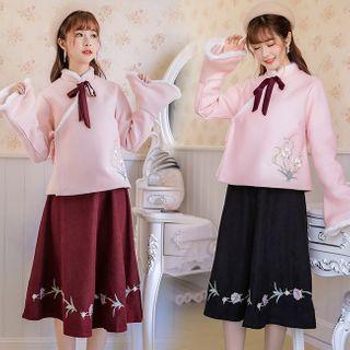 Set: Long-sleeve Mandarin Collar Top + Embroidered Midi A-line Skirt