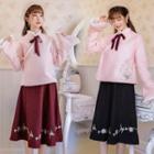 Set: Long-sleeve Mandarin Collar Top + Embroidered Midi A-line Skirt