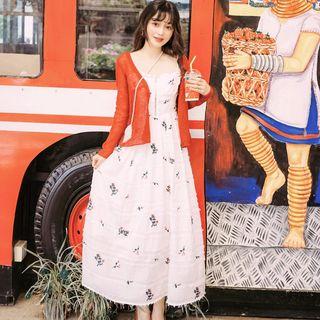 Spaghetti Strap Floral Feathered A-line Midi Dress