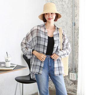 Dip-back Sheer Plaid Shirt