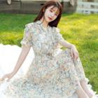 Short-sleeve Tie-neck Floral Dress