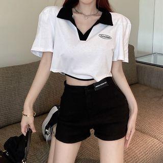 Contrast Collar Cropped Polo Shirt / Hot Pants