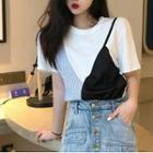 Mock Two-piece Short-sleeve Paneled T-shirt As Shown In Figure - One Size