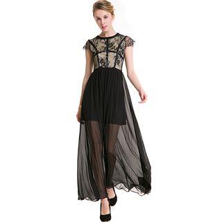 Lace Panel Short-sleeve Lace Dress