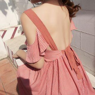 Short-sleeve Cold Shoulder Striped A-line Midi Dress