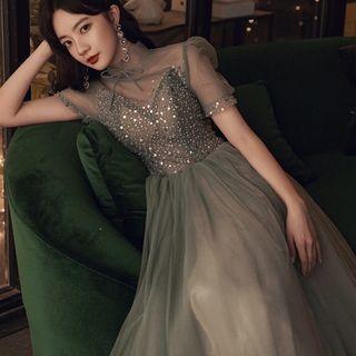 Short-sleeve Sheer Panel A-line Evening Gown