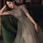 Short-sleeve Sheer Panel A-line Evening Gown