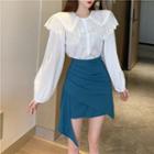 Long-sleeve Peter Pan Collar Plain Blouse / High-waist Asymmetric Layered Skirt