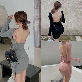 Long-sleeve Open-back Chain Mini Bodycon Dress
