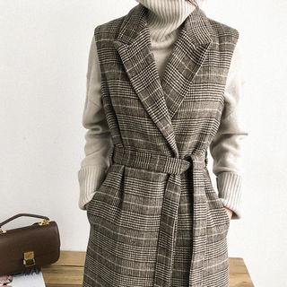 Glen-plaid Double-breasted Wool Blend Wrap Vest