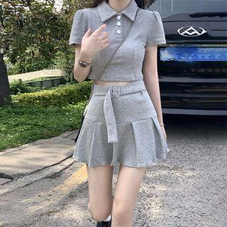 Short-sleeve Plain Cropped Polo Shirt / High-waist A-line Accordion Pleat Mini Skirt