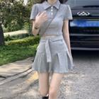 Short-sleeve Plain Cropped Polo Shirt / High-waist A-line Accordion Pleat Mini Skirt