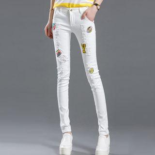 Patch Embroidered Distressed Slim Fit Jeans