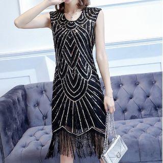 Sleeveless Sequined Tasseled A-line Dress