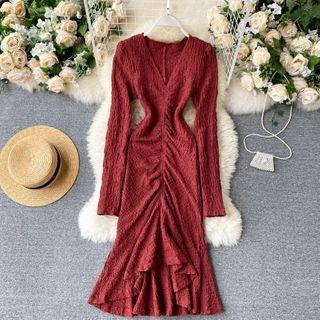 V-neck Long-sleeve Ruched Dress