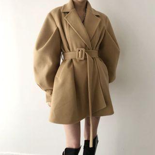 Lantern-sleeve Tie-waist Long Coat