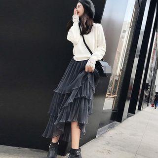 Lace Panel Sweater / Midi Layered Mesh Skirt / Set