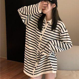 Long-sleeve Striped Knit Cardigan Black - One Size