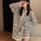 Long-sleeve Striped Knit Cardigan Black - One Size